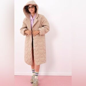 FOR LOVE and LEMONS Long Heart Puffer Coat Latte Neutral Women’s Size Large
